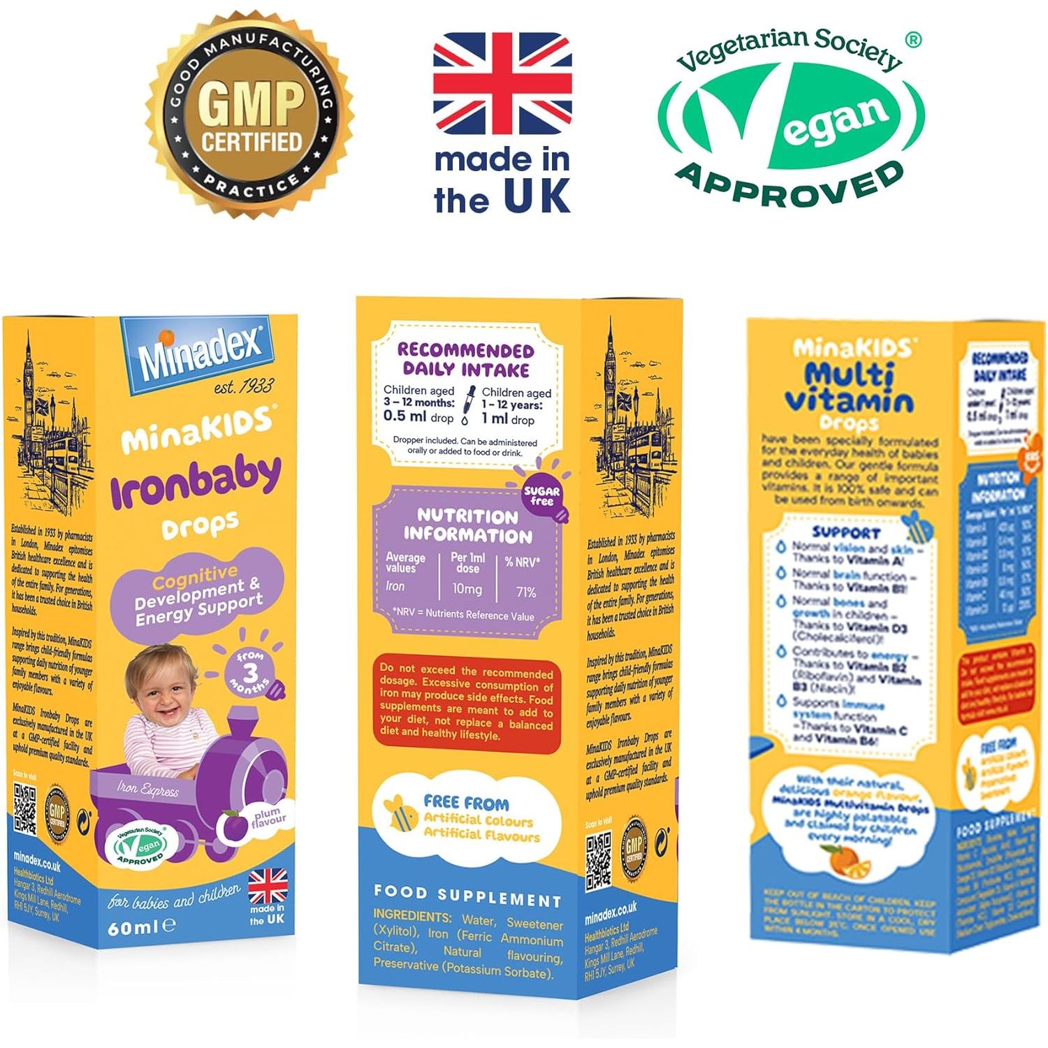 Minadex Minakids Ironbaby Drops – Liquid Iron Supplement for Children, Sugar-Free, Vegan, Plum Flavour, 60Ml (2-Month Supply), Supports Immune Health, Minimal Iron Aftertaste, Made in UK
