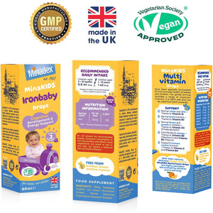 Minadex Minakids Ironbaby Drops – Liquid Iron Supplement for Children, Sugar-Free, Vegan, Plum Flavour, 60Ml (2-Month Supply), Supports Immune Health, Minimal Iron Aftertaste, Made in UK