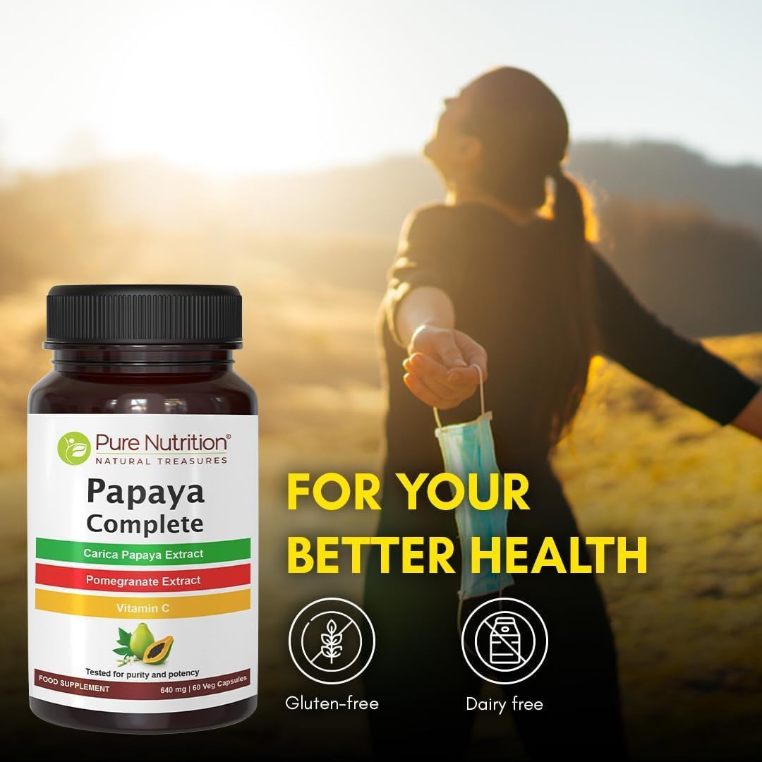 Pure Nutrition Papaya Complete | 60 Caps | Carica Papaya Leaf Extract with Iron VIT C, VIT a & Folic Acid | Supports Platelet Immunity & Digestion Non-Gmo | Gluten-Free