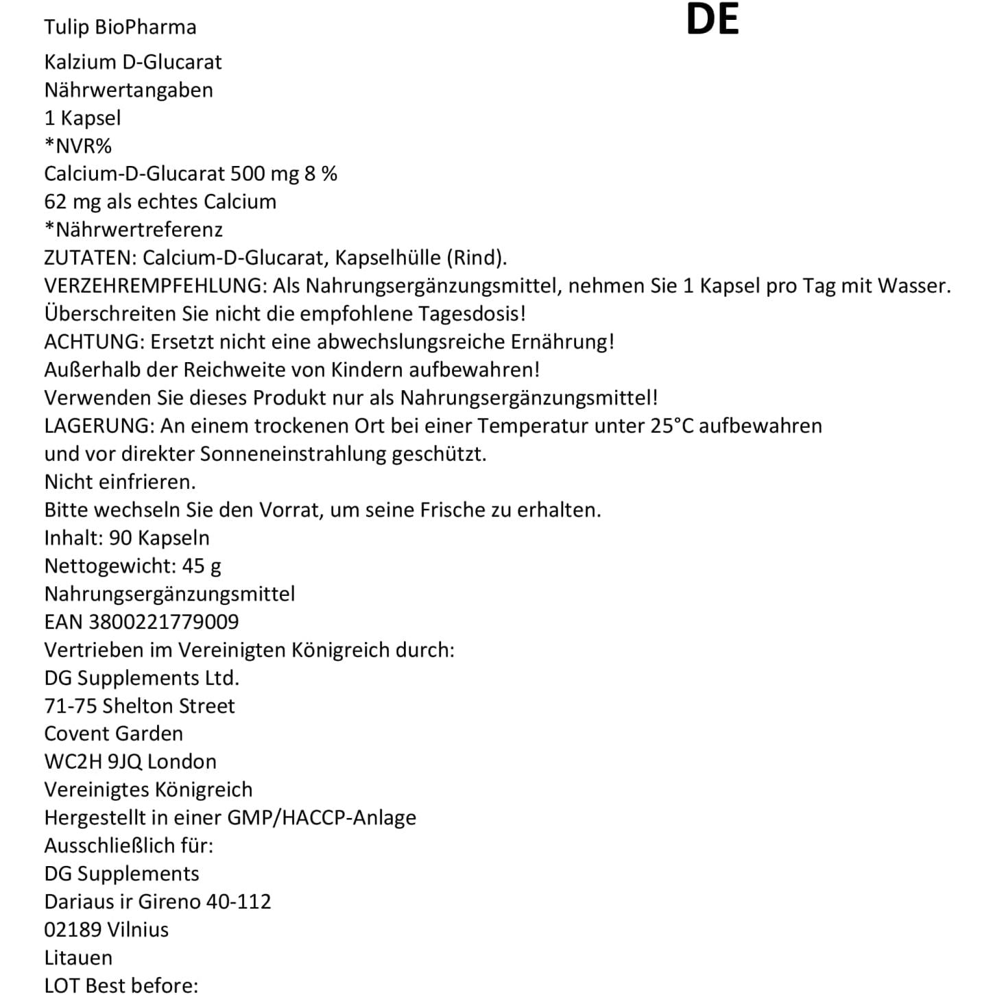 Tulip Biopharma Calcium D-Glucarate 500Mg 90 Capsules, 3Rd Party Lab Tested, High Strength Supplement, No Fillers or Bulkers, Gluten and GMO Free