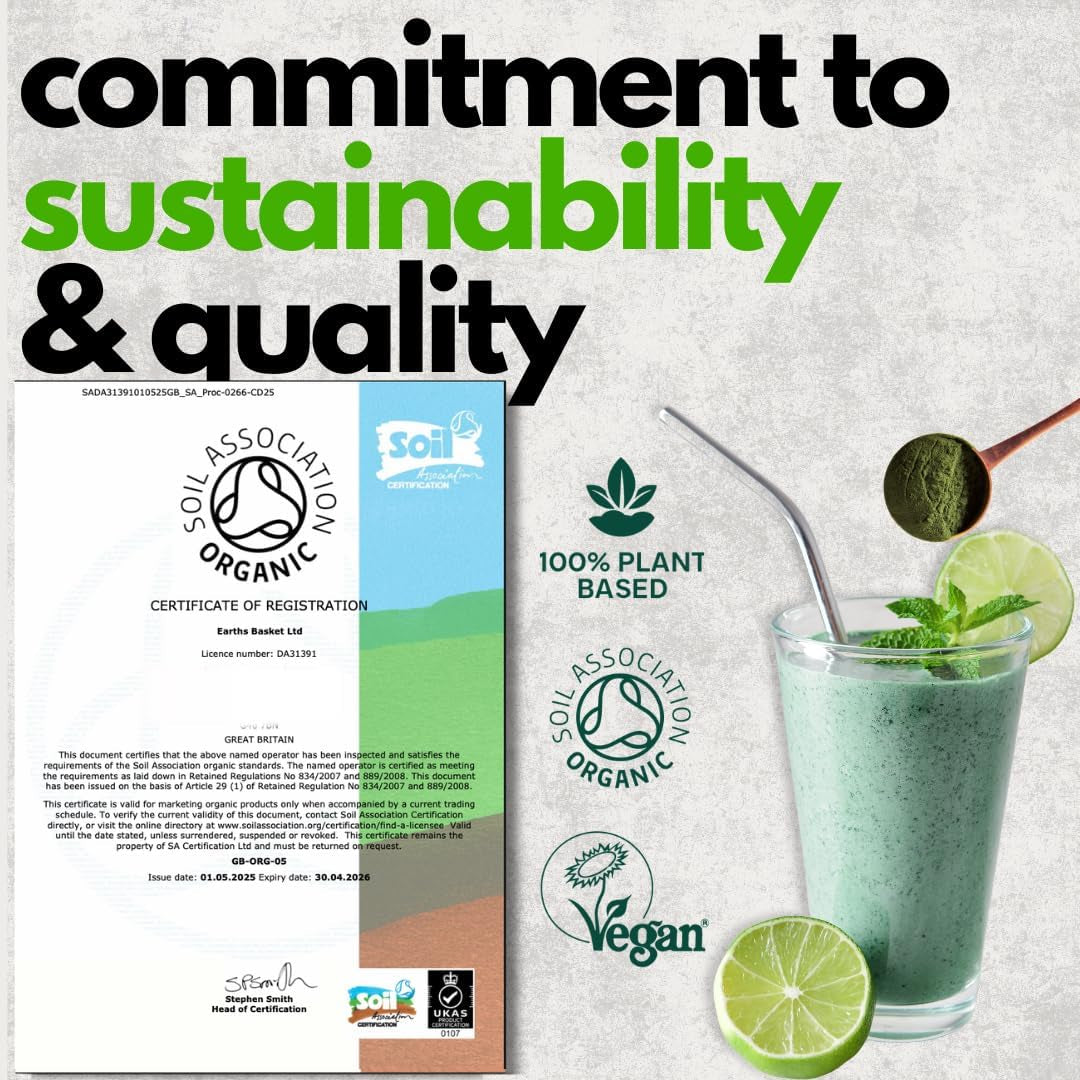 Earths Basket Organic Super Greens Powder - 100G - Blend of Spirulina, Chlorella, Wheatgrass & Barley Grass - Rich in Vitamin A, B12 & Iron