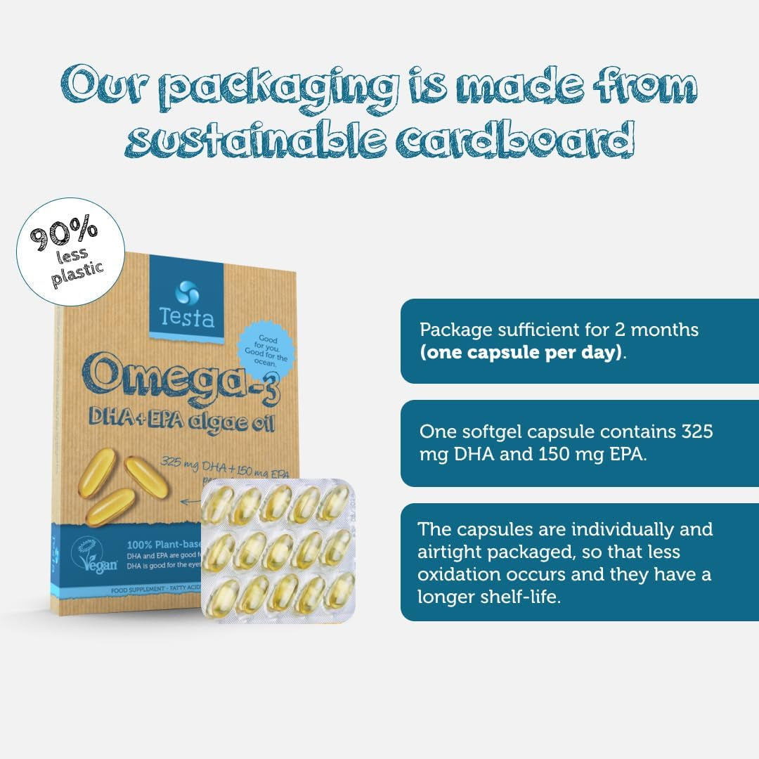 Vegan Omega 3 Supplement - High Strength 325Mg DHA + 150Mg EPA per Capsule - 1 Capsule a Day - Supports Heart, Brain, Joint Health - Plant-Based Omega 3 from Algae Oil - 2 Months Supply