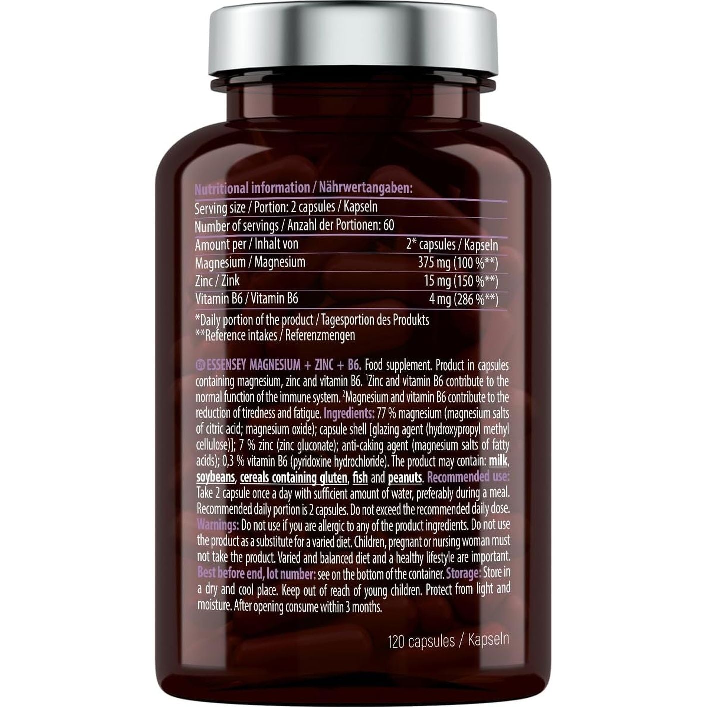 Essensey Magnesium + Zinc + Vitamin B6 Complex - Magnesium Supplements - Immune Support, Energy Boost, and Bone Health - Vegan - 120 Capsules