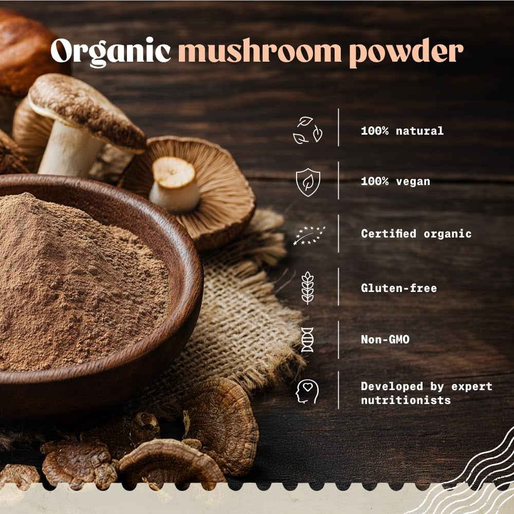 Naturalebio Organic Mushroom Powder 450G. Mushroom Blend with Reishi, Lions Mane, Chaga, Maitake, Cordyceps, Shiitake & Tremella. Gluten-Free, Non-Gmo. Boosts Energy & Supports Cognitive Function