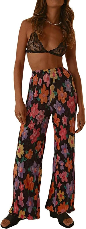 HYMCX Women 2 Piece Pleated Pants Set Floral Print Button down Long Sleeve Shirt Blouses Tops Wide Leg Pants Streetwear