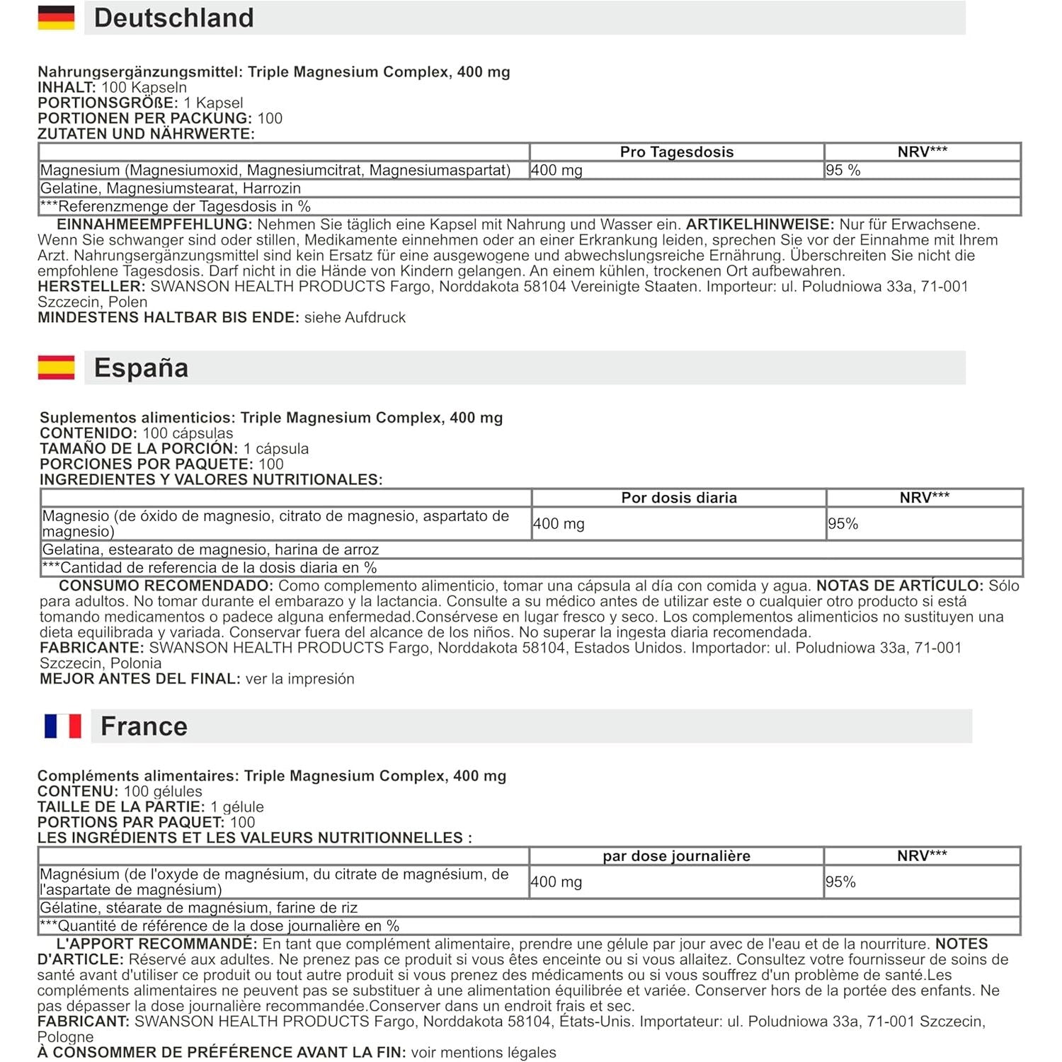 Swanson - Triple Magnesium Complex | Essential Mineral for Bone and Muscle Health | 400Mg Capsules - 100 Count