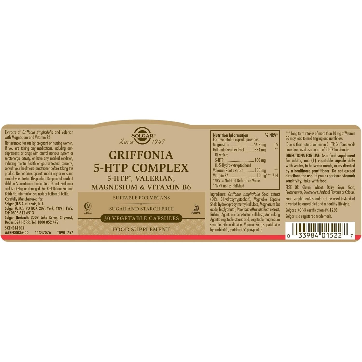 Solgar Griffonia 5-HTP Complex – Sleep and Mood Support with Valerian Root, Magnesium, and Vitamin B6 - Vegan & Gluten Free - Pack of 30