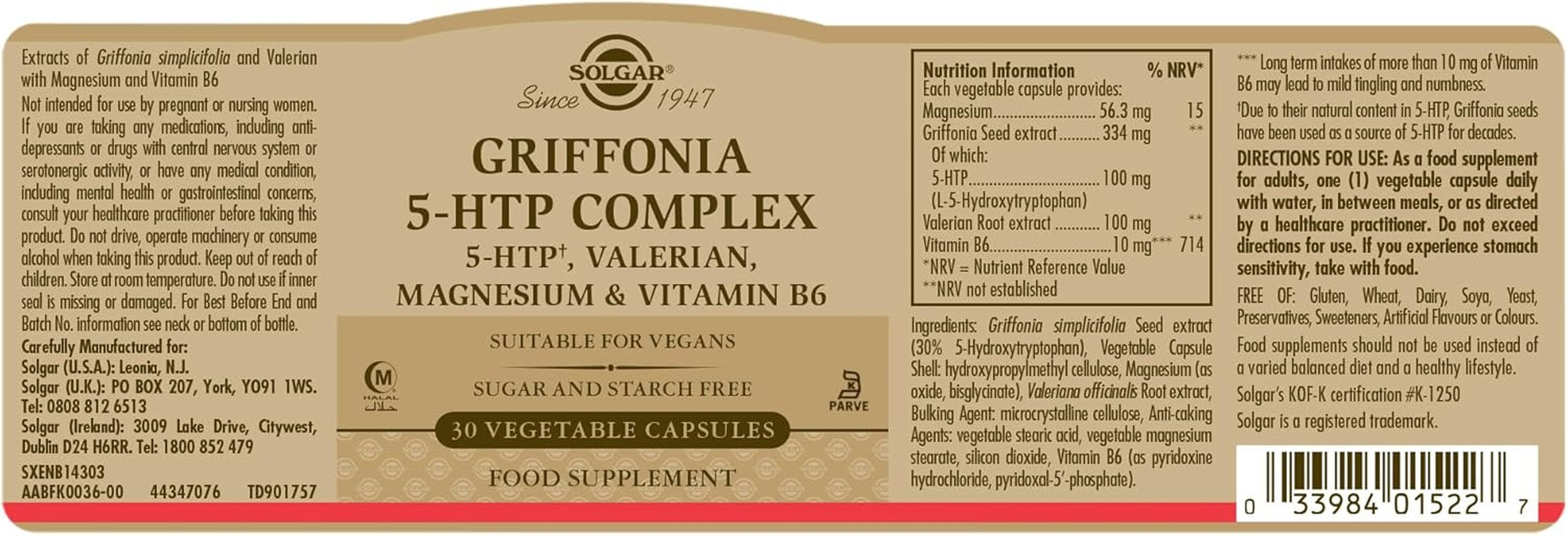 Solgar Griffonia 5-HTP Complex – Sleep and Mood Support with Valerian Root, Magnesium, and Vitamin B6 - Vegan & Gluten Free - Pack of 30