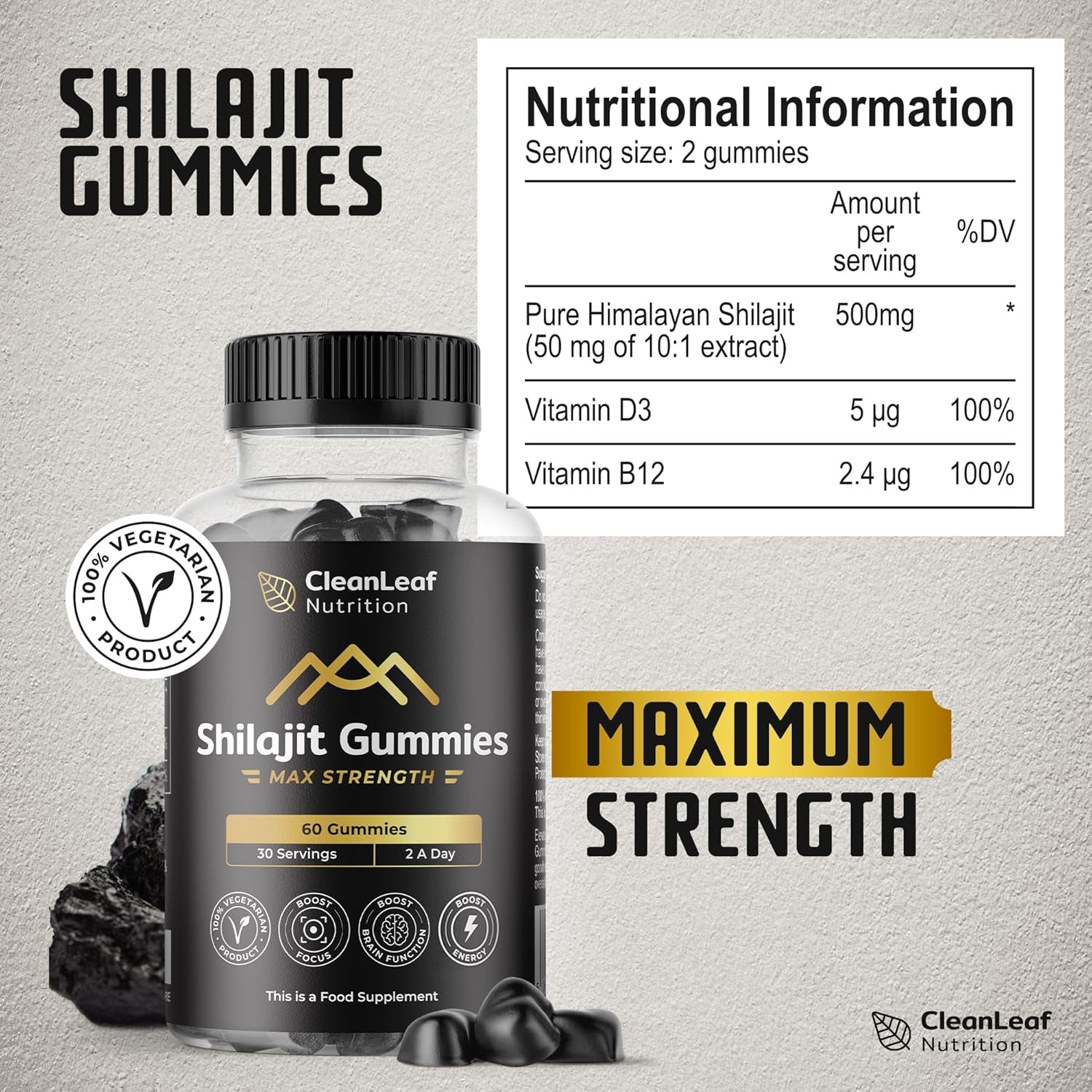Shilajit Gummies Max Strength | Pure 100% Authentic Himalayan Origin | High Fulvic Acid Content | 85+ Minerals | Boosts Immunity & Energy Vegan | 60 Gummies