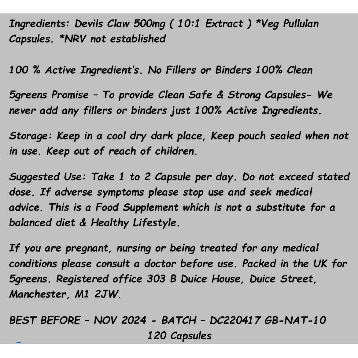 Devils Claw Capsules 10:1 Extract (5000Mg Equivalent) | 120 Vegetarian Capsules| 5Greens