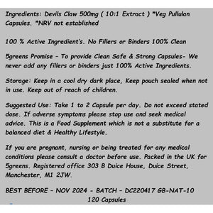 Devils Claw Capsules 10:1 Extract (5000Mg Equivalent) | 120 Vegetarian Capsules| 5Greens