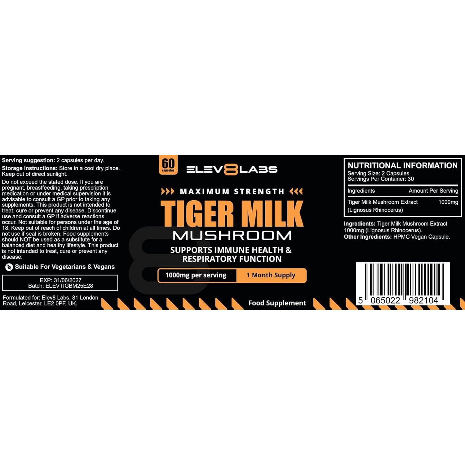 Tiger Milk Mushroom Capsules 1000Mg - High Strength | 60 Capsules | Natural Adaptogen for Immunity & Respiratory Health | Supports Daily Wellness & Vitality | 1 Month Supply, 2 a Day