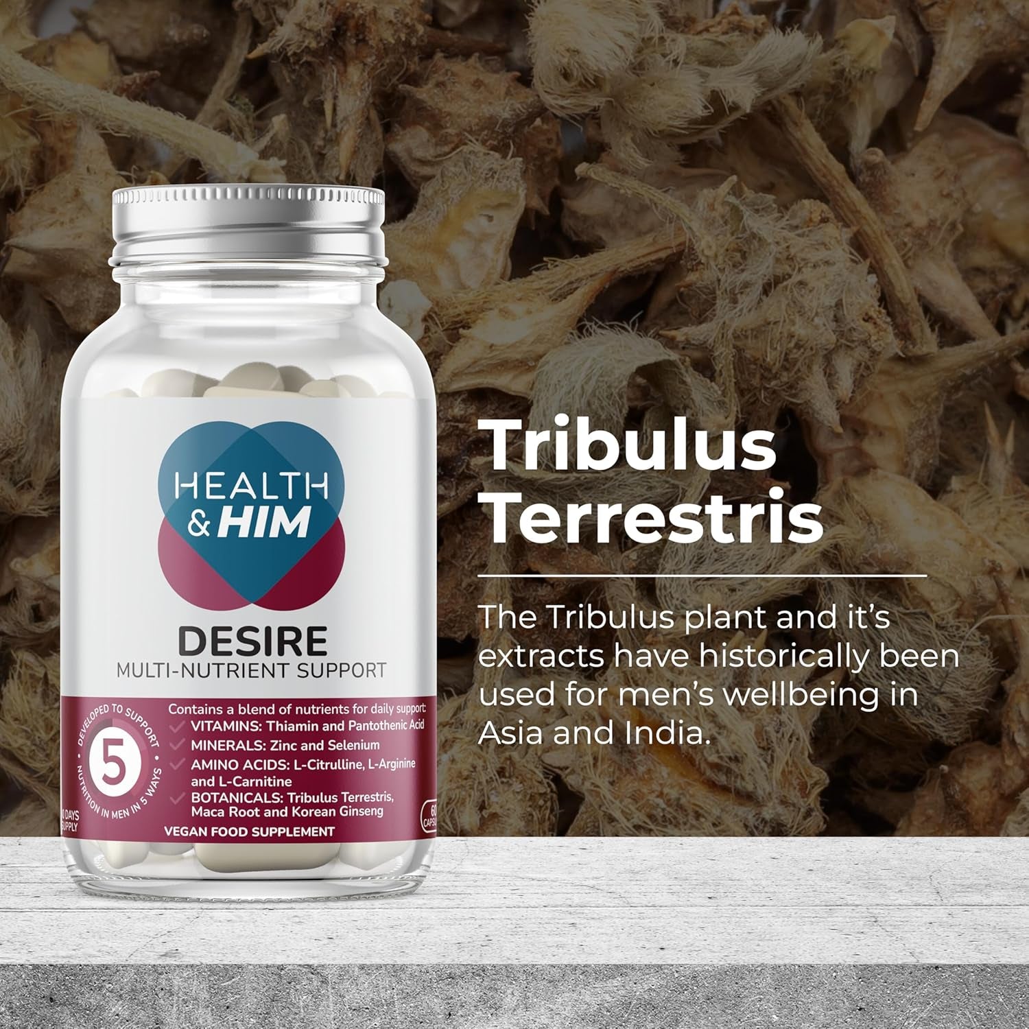 Health & Him Desire Supplements for Men - 60 Capsules - Supplements for Men with Maca Root & Korean Ginseng - Vegan, Gluten-Free