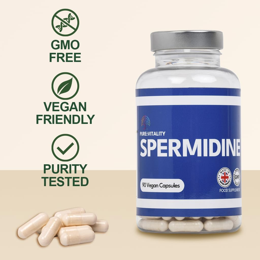 Pure Vitality : Spermidine Trihydrochloride 98% Purity - 90 X 8Mg Vegan Capsules - GMP HACCP Certified - UK Manufacturer - Gluten Free - Lab Tested - Optimal Dosage