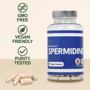 Pure Vitality : Spermidine Trihydrochloride 98% Purity - 90 X 8Mg Vegan Capsules - GMP HACCP Certified - UK Manufacturer - Gluten Free - Lab Tested - Optimal Dosage