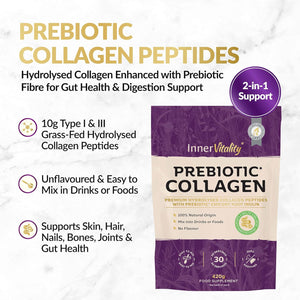 Prebiotic Collagen Powder - 420G Hydrolysed Bovine Collagen Peptides with Prebiotics for Gut Health & Skin, Collagen Powder for Woman & Men by Inner Vitality