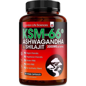 Organic SHILAJIT with Ashwagandha KSM-66® 2000Mg (2 Month Supply) | Root Extract | Vegan Ayurveda Medicine Supplement | Higher Bioavailability & Gluten-Free, Non-Gmo, UK, London Life Sciences®