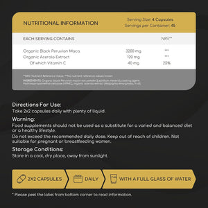 Organic Black Maca Root Capsules - High Strength Peruvian Maca Root (No Extract, Whole Root) - 3200Mg Daily Dose, 180 Vegan Capsules - with Vitamin C from Acerola - UK Quality Standards