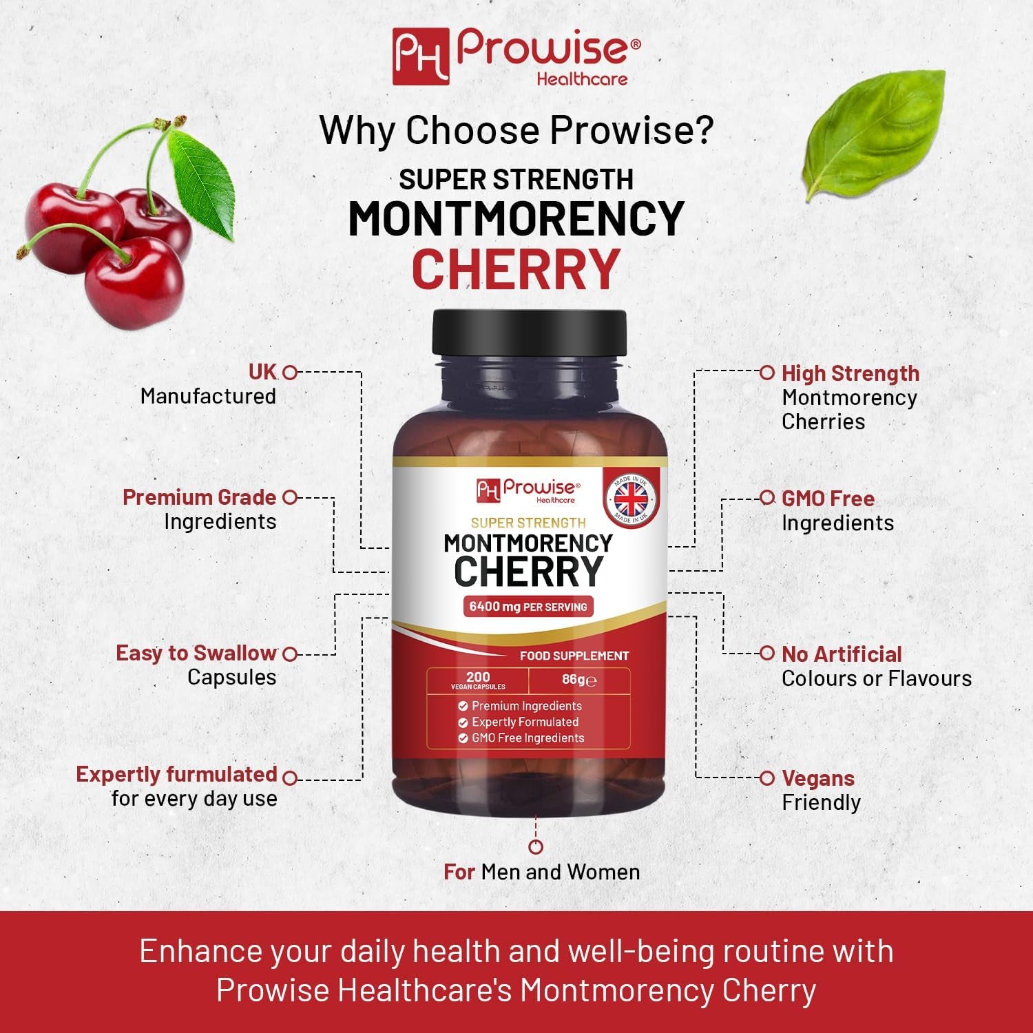 Montmorency Cherry 6400Mg - 200 Tart Cherry Capsules - Natural Tart Cherry Extract Supplement for Men & Women – Super Strength, Gluten Free, Vegan and GMO Free - Made in the UK by Prowise