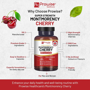 Montmorency Cherry 6400Mg - 200 Tart Cherry Capsules - Natural Tart Cherry Extract Supplement for Men & Women – Super Strength, Gluten Free, Vegan and GMO Free - Made in the UK by Prowise