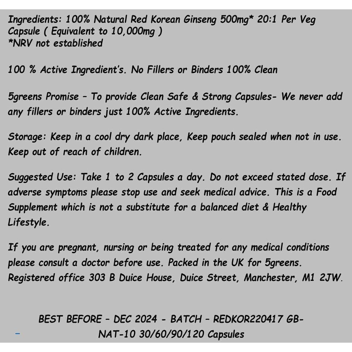 Red Korean Ginseng | 120 High Strength Capsules 10,000Mg per Capsule, 500Mg 20:1 Extract (10 Grams Raw Powder Equivalent) | 100% Clean Natural No Filers or Additional Chemical