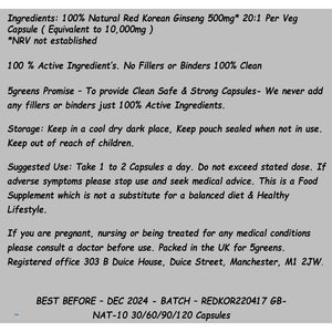 Red Korean Ginseng | 120 High Strength Capsules 10,000Mg per Capsule, 500Mg 20:1 Extract (10 Grams Raw Powder Equivalent) | 100% Clean Natural No Filers or Additional Chemical
