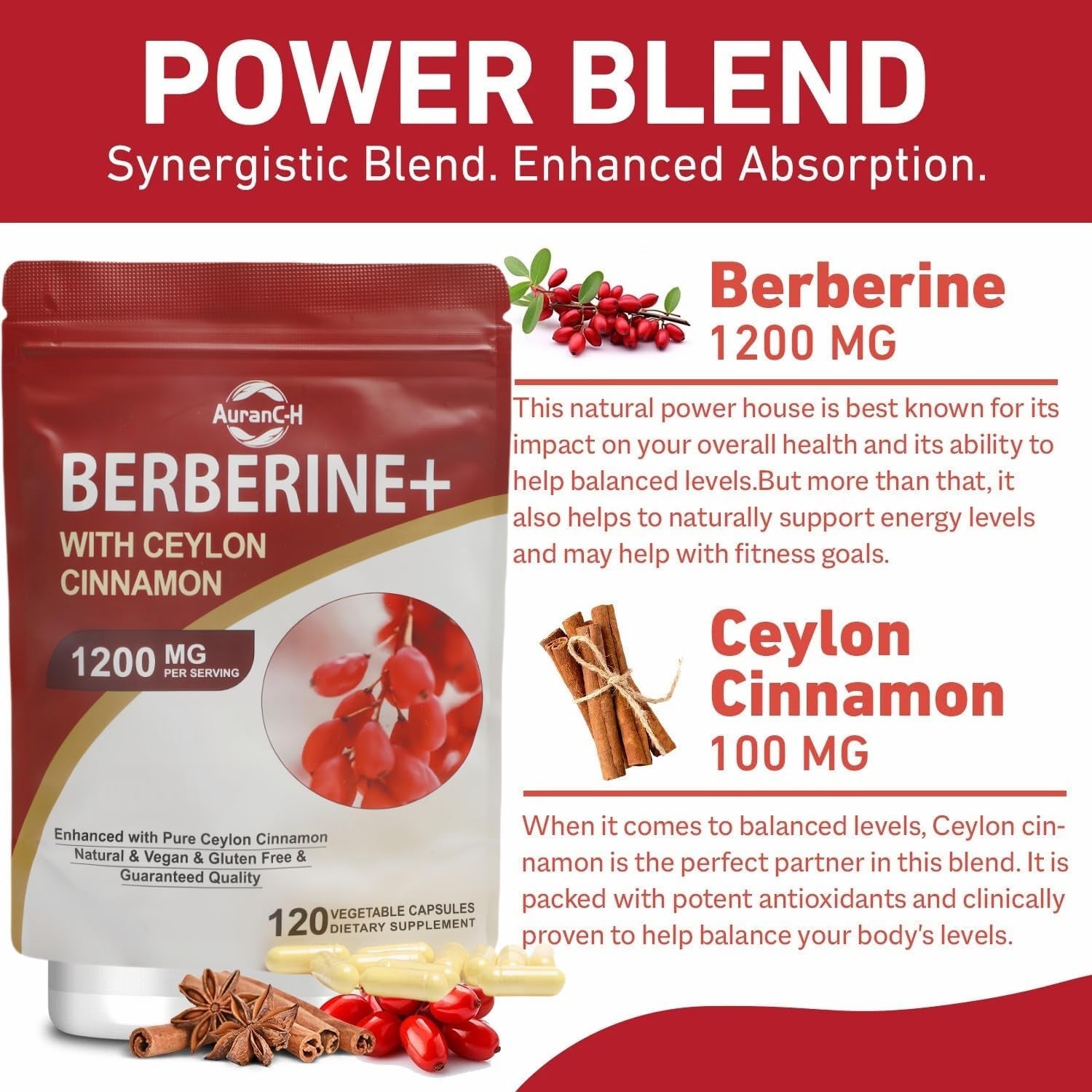 Berberine HCL Supplement Berberine 1200Mg Serving HCL 120 Capsules - plus Pure True Ceylon Cinnamon,Healthy Weight for Both Men and Women, 2 Month Supply
