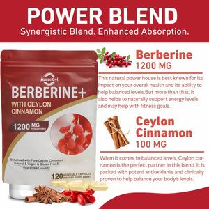 Berberine HCL Supplement Berberine 1200Mg Serving HCL 120 Capsules - plus Pure True Ceylon Cinnamon,Healthy Weight for Both Men and Women, 2 Month Supply