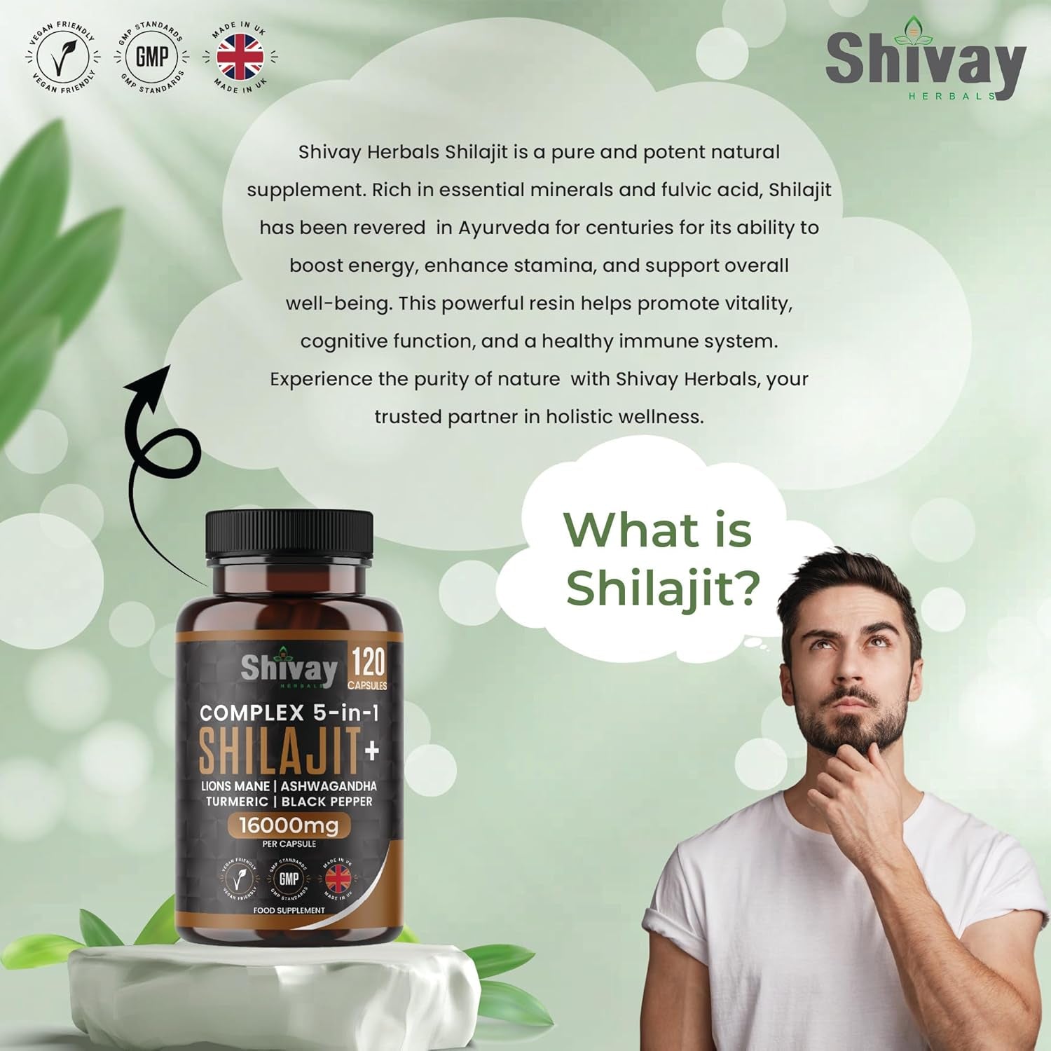 Shilajit 16000Mg Complex 5 in 1 with Ashwagandha + Lions Mane | 120 Vegan Capsules - 4 Month Supply | High Strength Pure Himalayan Shilajit | Rich in Fulvic Acid | Made in UK by Shivay Herbals