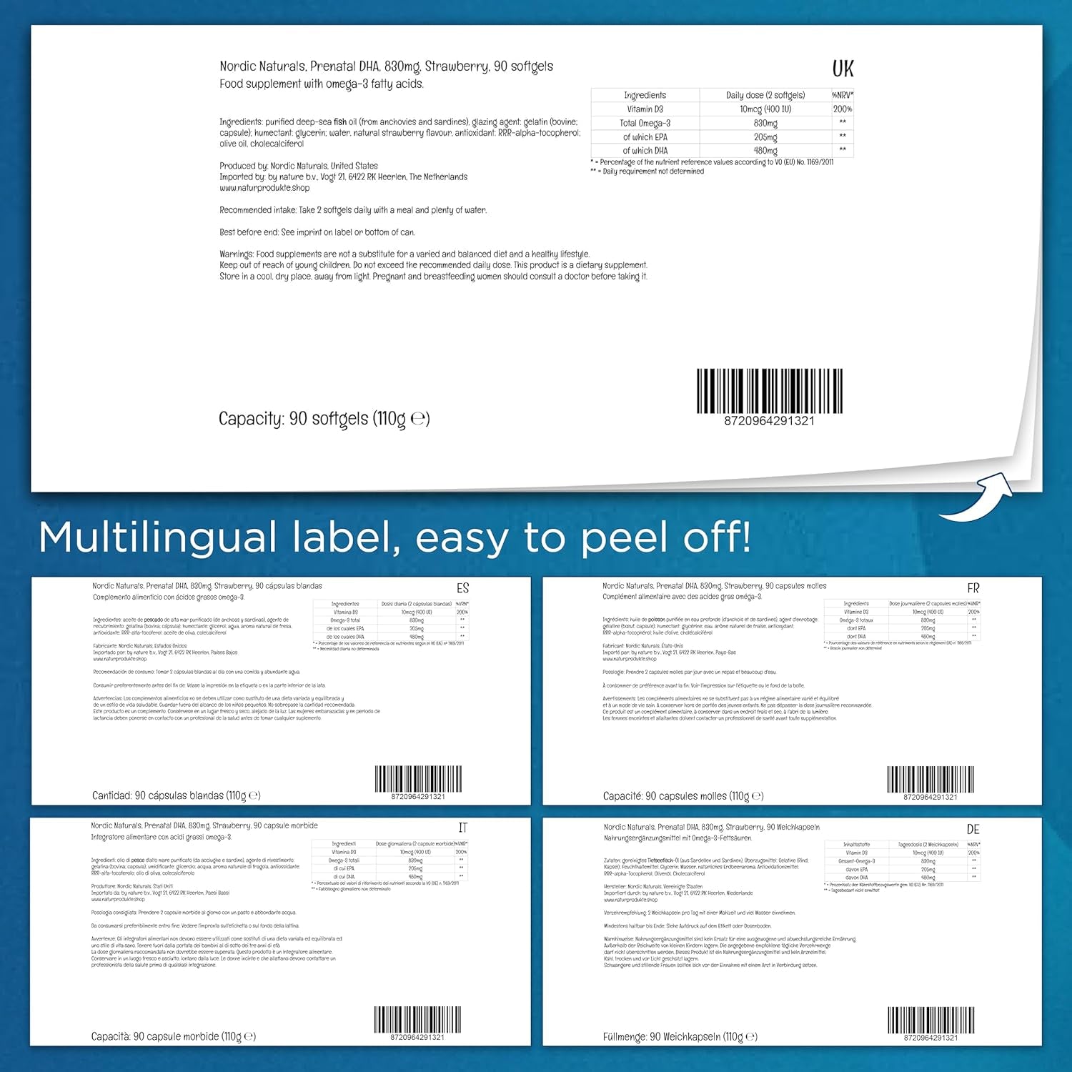 Nordic Naturals, Prenatal DHA, 830Mg Omega-3 with EPA and DHA, High Dosage, Strawberry Flavour, 90 Softgels, Lab-Tested, Soy Free, Gluten Free, Non GMO