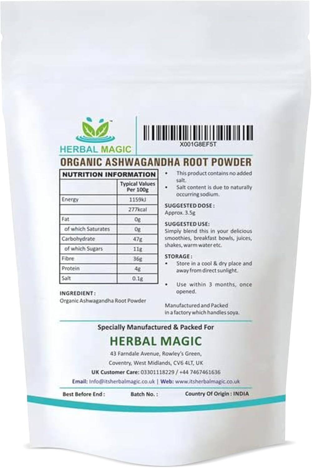 Herbal Magic'S Organic Ashwagandha Root Powder - Rich Flavoured Smoothies, Shakes, Juices, Baking, Soups - Free from Fillers & Preservatives - Of&G UK Organic Certified - 100G