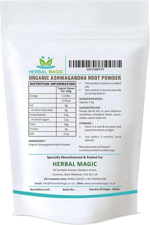 Herbal Magic'S Organic Ashwagandha Root Powder - Rich Flavoured Smoothies, Shakes, Juices, Baking, Soups - Free from Fillers & Preservatives - Of&G UK Organic Certified - 100G