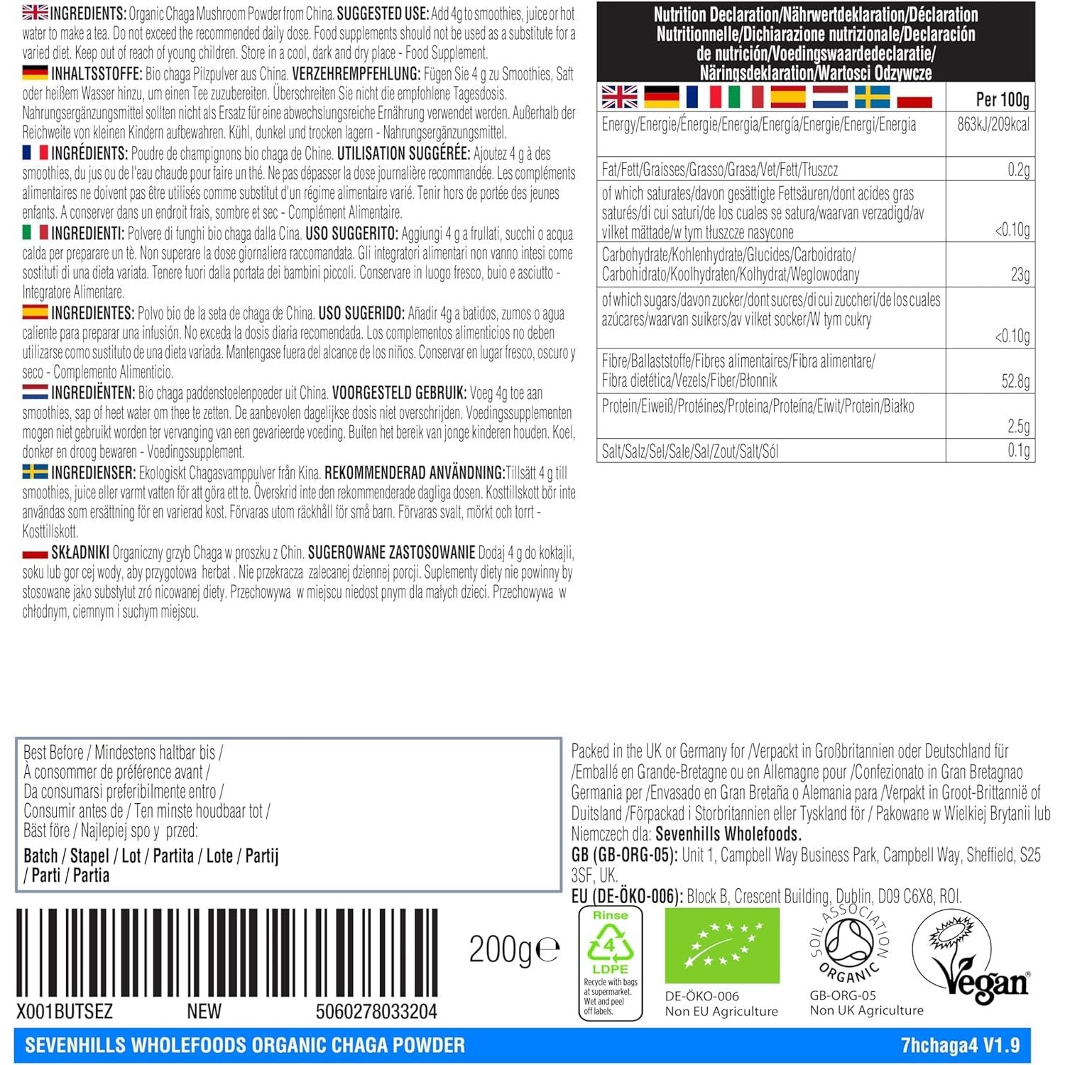 Sevenhills Wholefoods Organic Chaga Mushroom Powder 200G