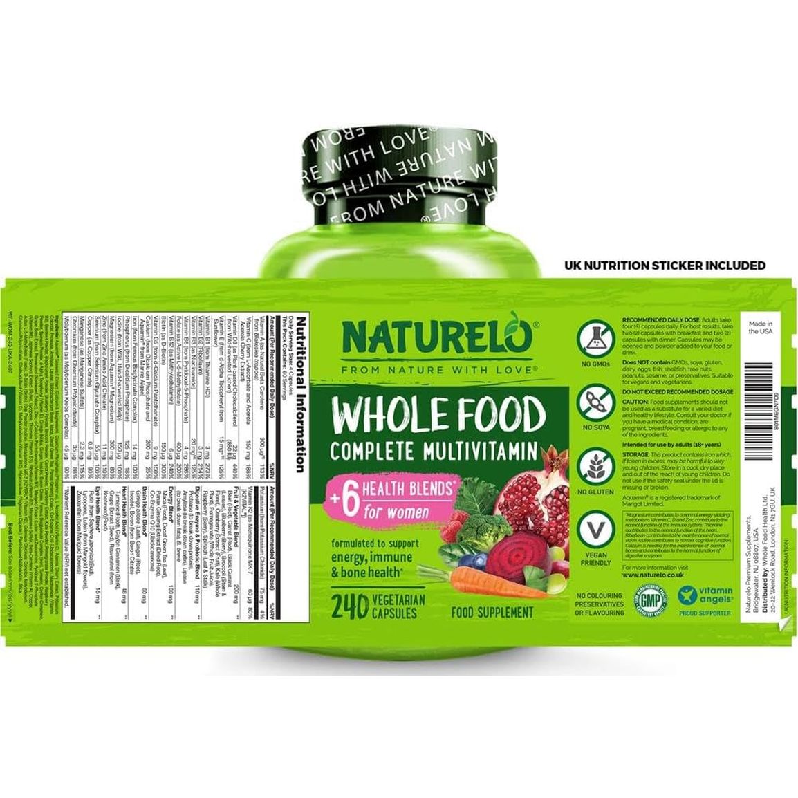 NATURELO Whole Food Multivitamin for Women - with Natural Vitamins, Minerals, Botanical Blends - Complete All-In-One Supplement for Energy, Brain, Eye Health - 240 Vegan Capsules | 2 Month Supply