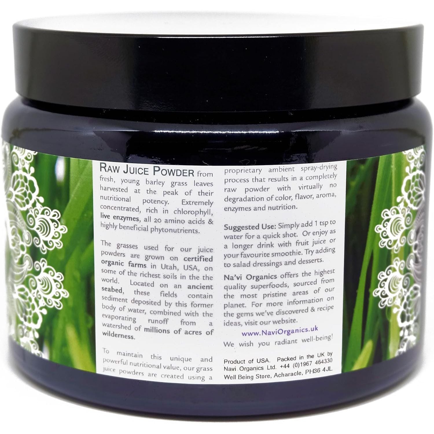 Na'Vi Organics Raw Barley Grass Juice Powder - Premium Grade, Organic Certified Powder Wholefood Supplement, 100 G