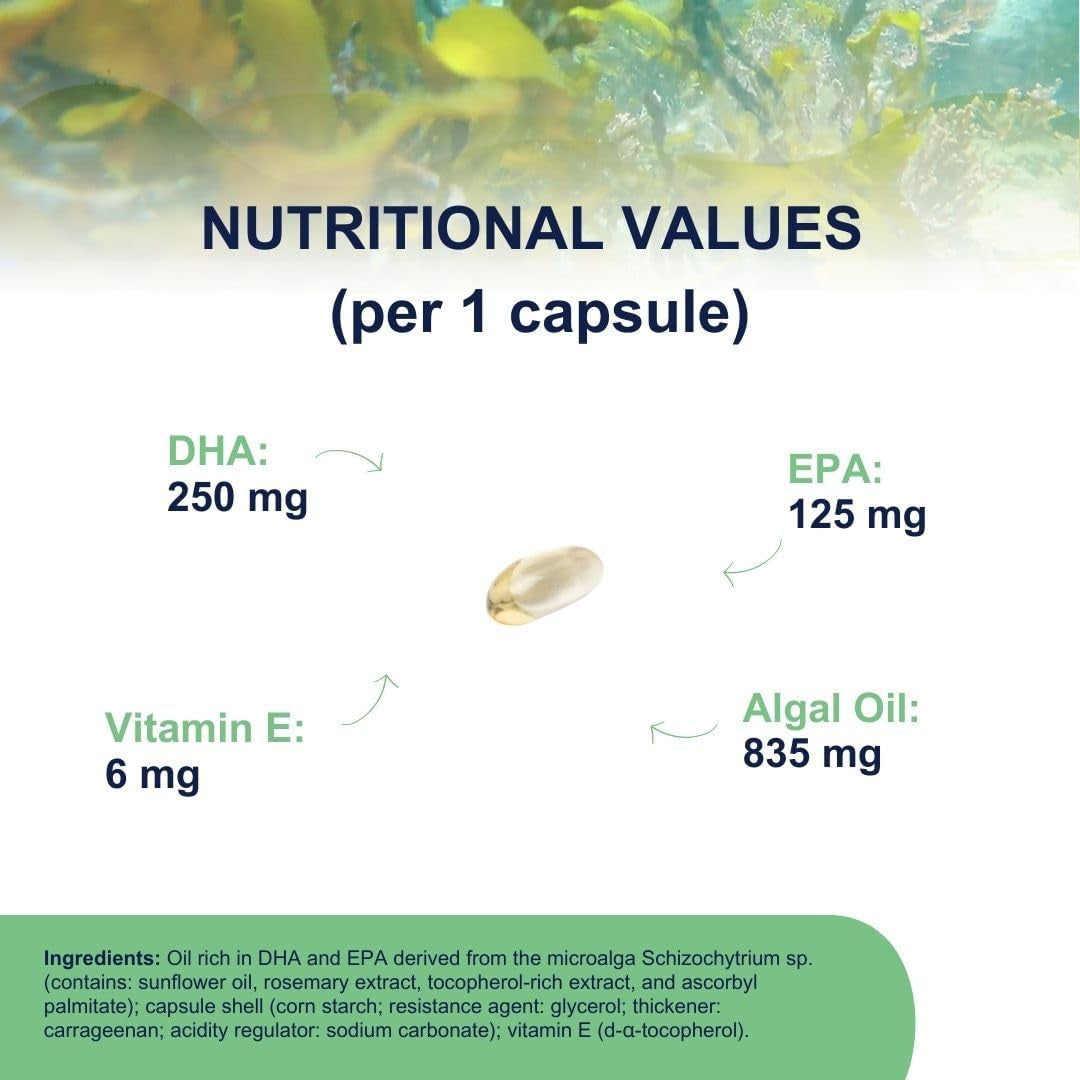 Vegan Omega 3 OMEGOR Veg - Algae Oil Omega3 Capsules Certified by IFOS and Vegan Society - 250Mg EPA and 125Mg DHA with Vitamin E (60 Caps)