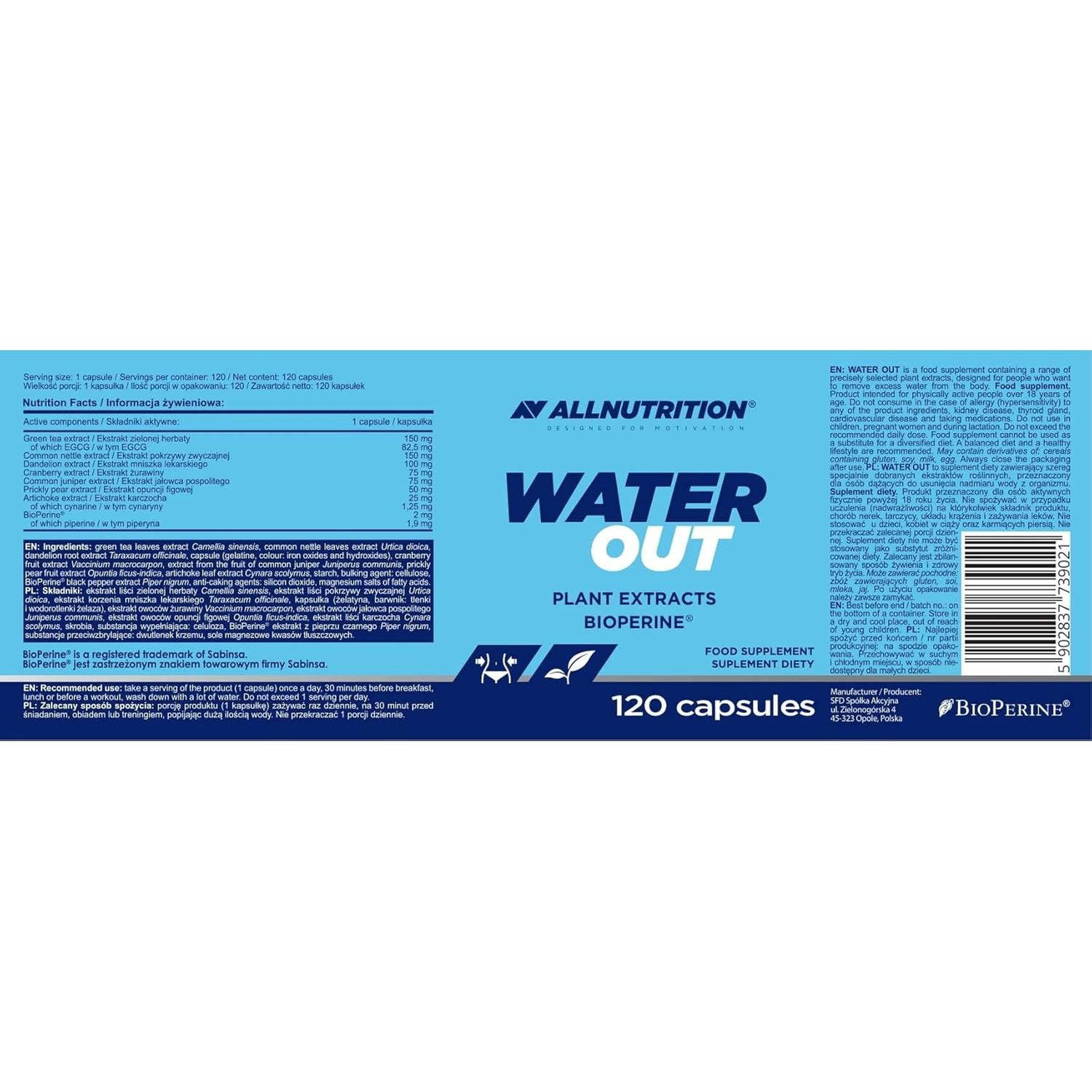 ALLNUTRITION Water Out Food Supplement to Remove Excess Water - Natural Detoxification and Weight Loss with Plant Extracts Bioperine 120 Capsules