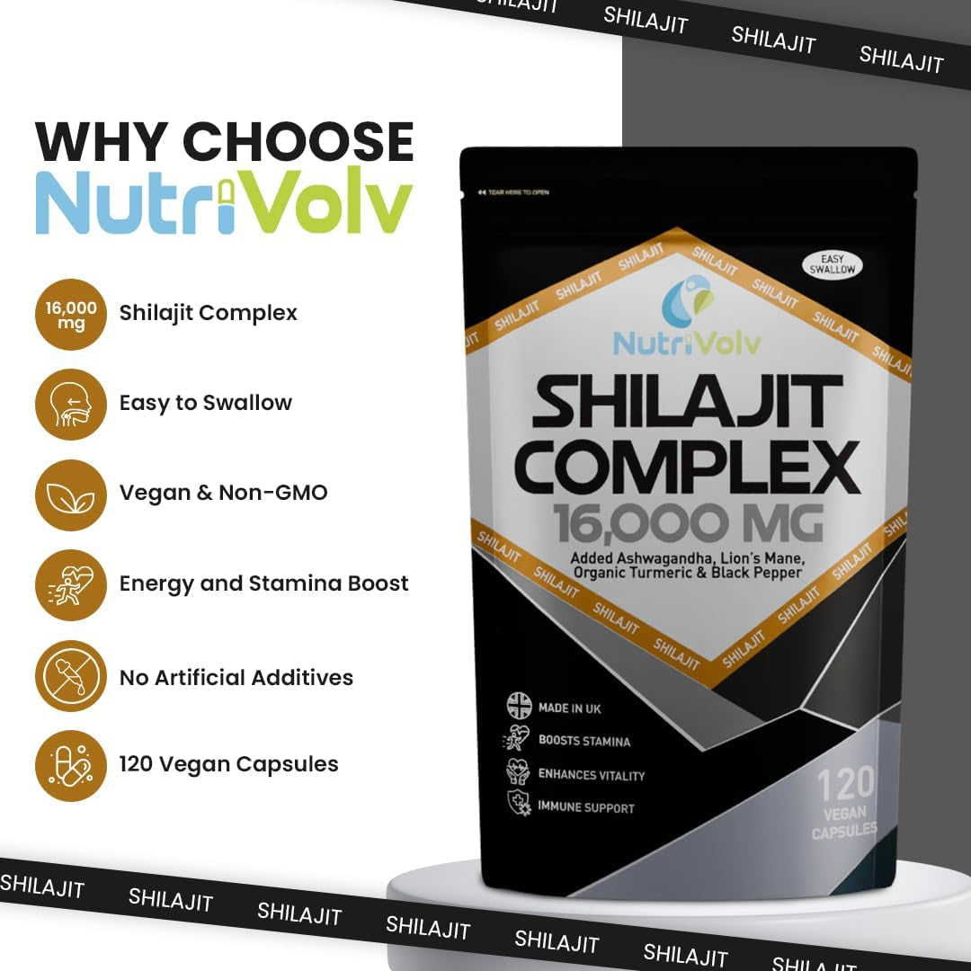 Nutrivolv Shilajit Complex 16,000Mg – 120 Capsules | 60% Fulvic Acid | Himalayan Shilajit with Ashwagandha, Lion’S Mane, Turmeric & Black Pepper | Energy, Testosterone & Brain Support