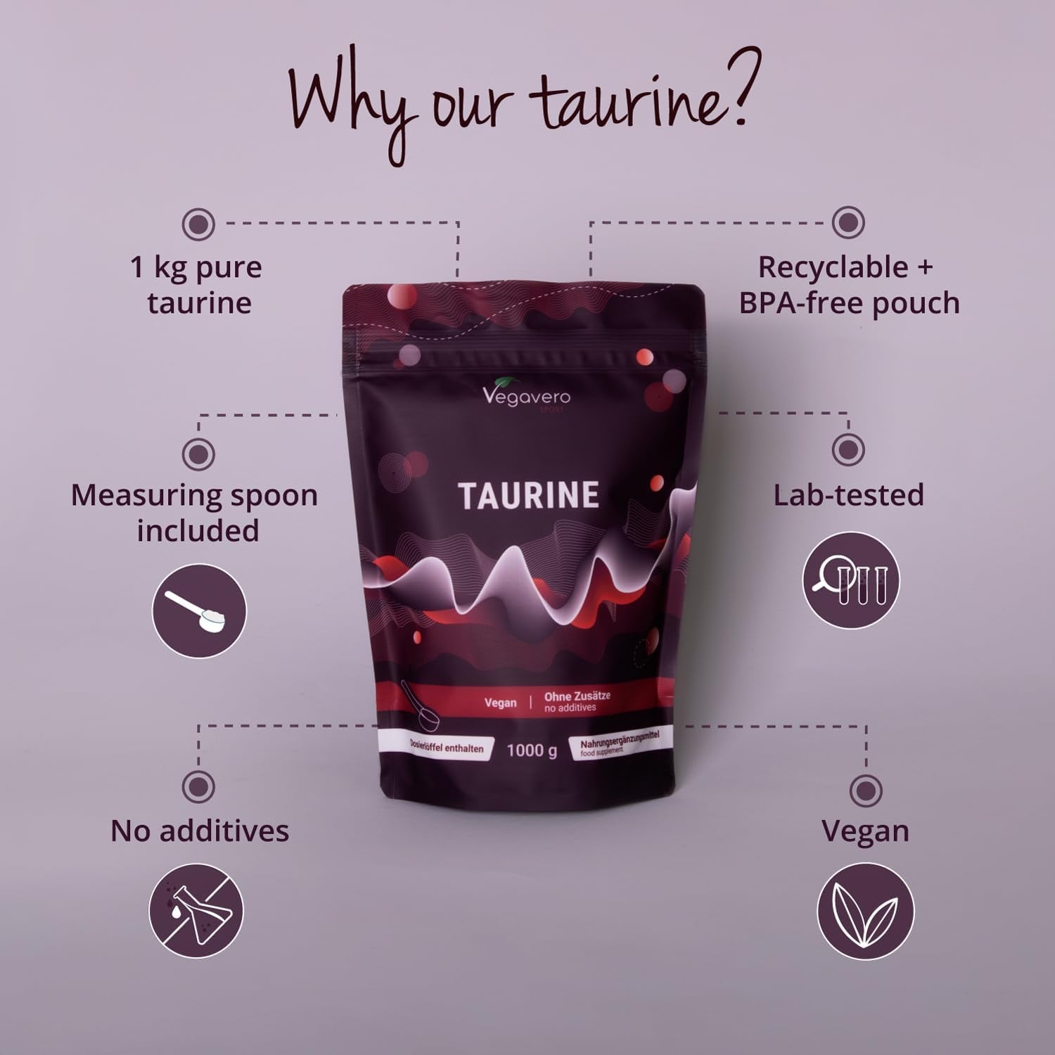 Vegavero L Taurine Powder 1Kg | 3000 Mg Daily Dose | 1 Year Supply | 100% Pure Taurine | NO Additives | Lab-Tested | Vegan