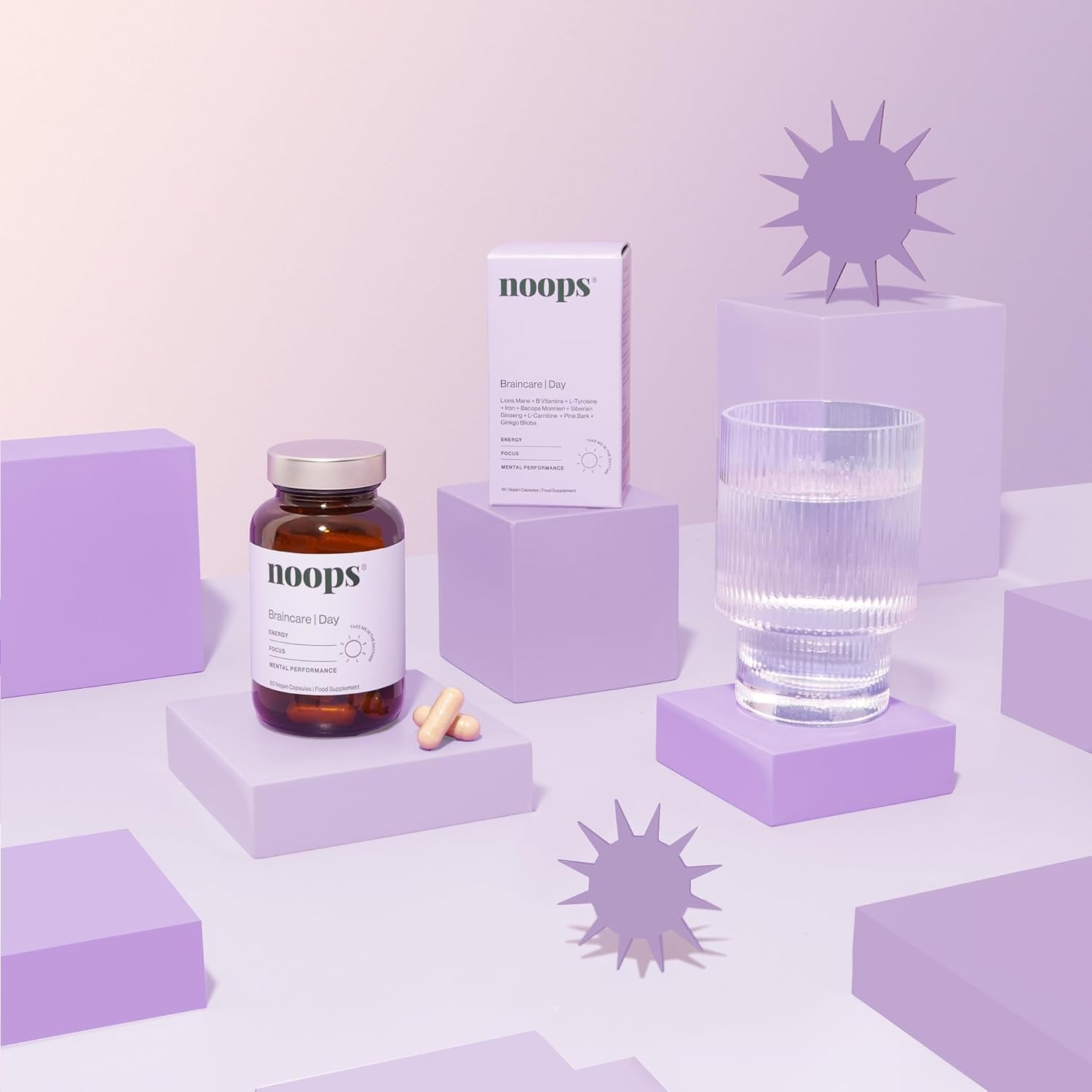 Noops Nootropics Braincare Day Focus & Energy - Lion'S Mane, Ginkgo Biloba, L-Tyrosine, L-Carnitine, Pine Bark, Bacopa, B Vitamins, & Ginseng Supplement, Nootropic Memory Enhancer, 60 Capsules