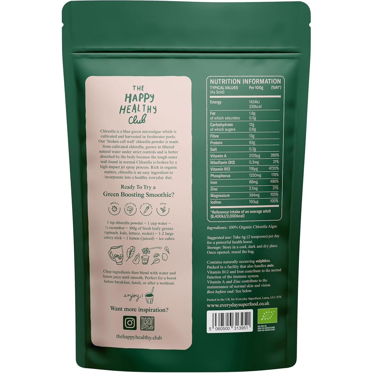Everyday Superfood Organic Chlorella Powder 190G, Broken Cell Wall, Ideal for Juice and in Food, Vegan and Kosher
