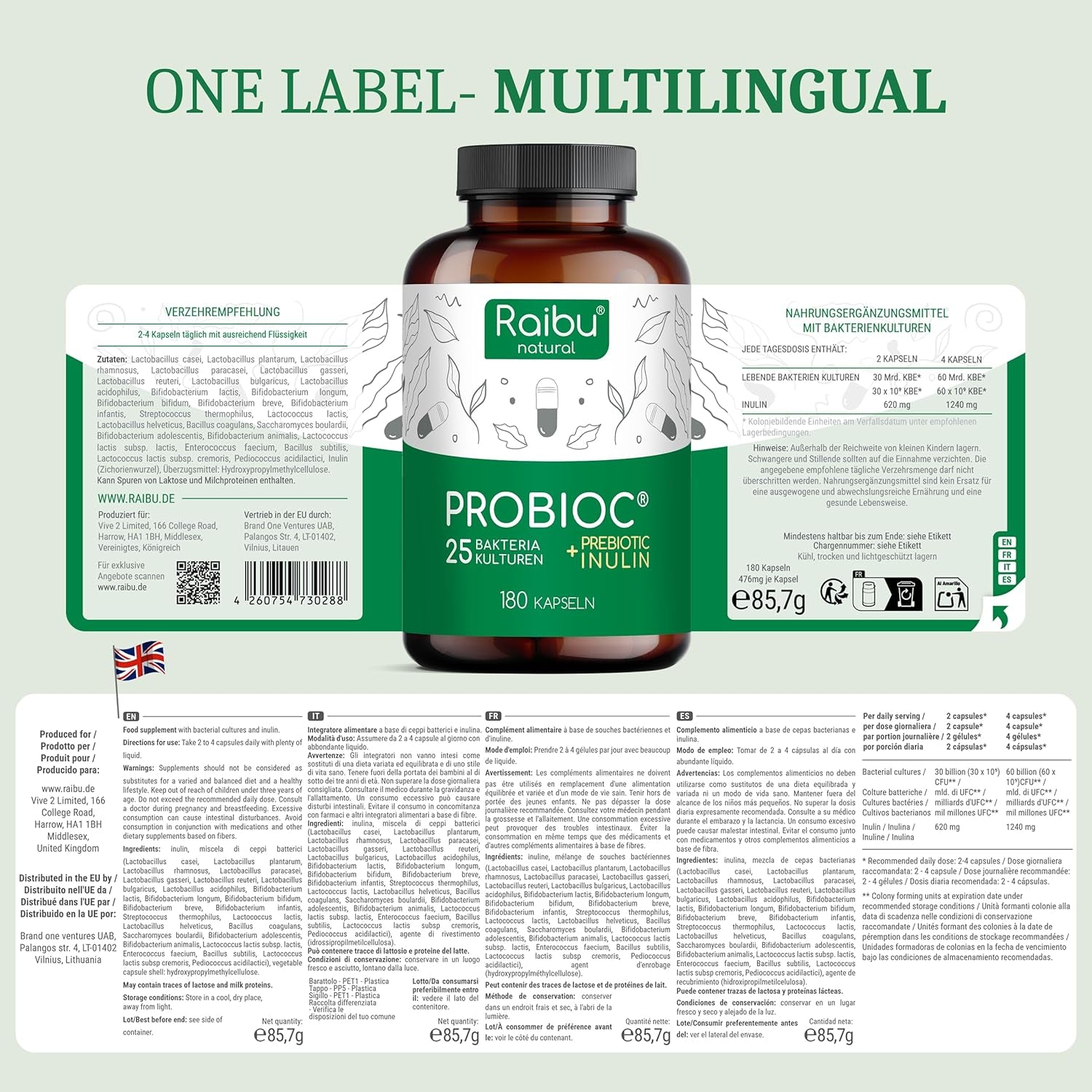 Raibu Probiotics for Gut Health - Probiotics & Prebiotics - 25 Bacterial Cultures - 180 Enteric Coated Capsules - 60 Billion CFU - Lactobacillus Acidophilus & Bifidobacterium - No Additives & Vegan