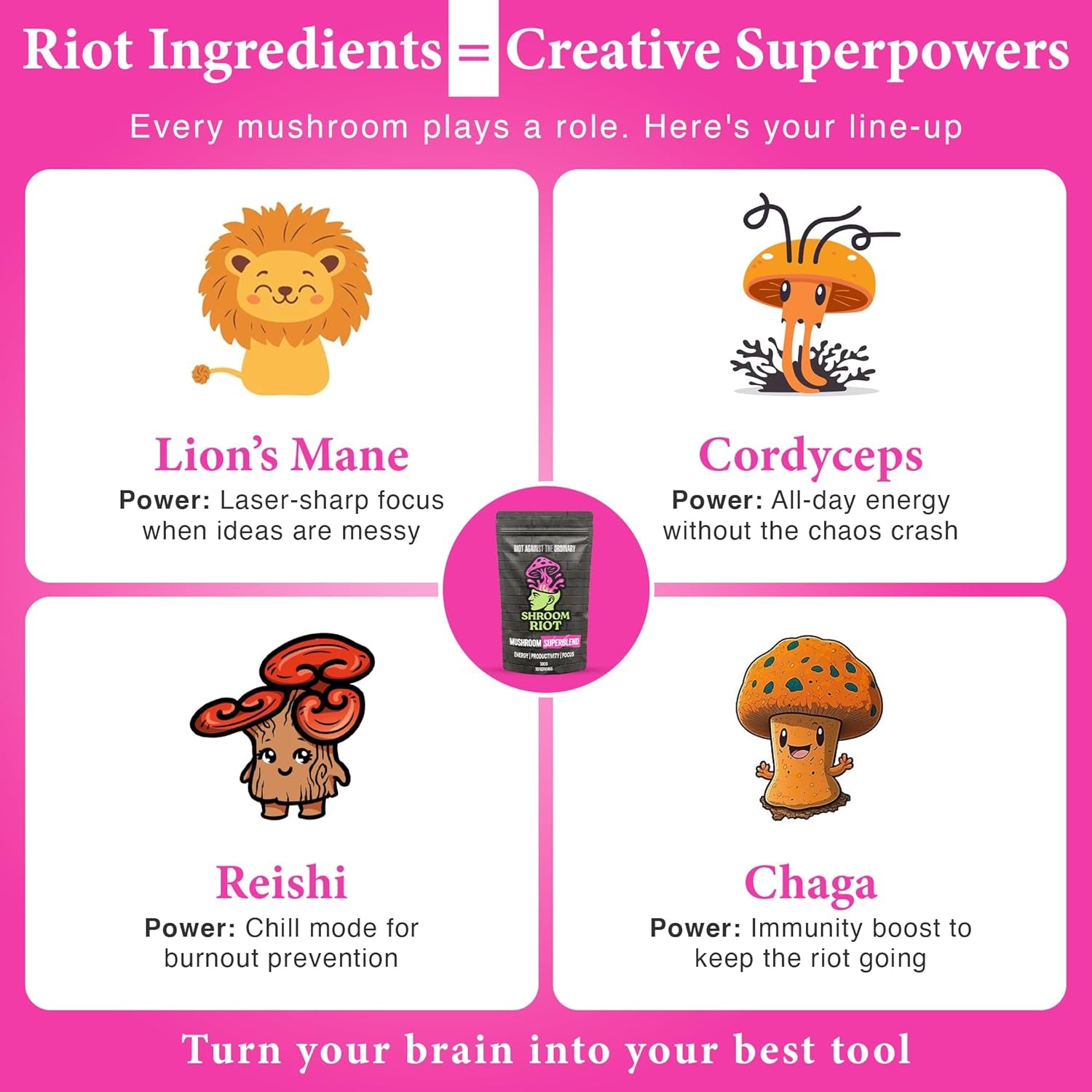 Shroom Riot Cocoa Mushroom Superblend | Instant Chocolate Powder Drink with Lion’S Mane, Chaga, Reishi & Cordyceps | 300G | 30 Servings
