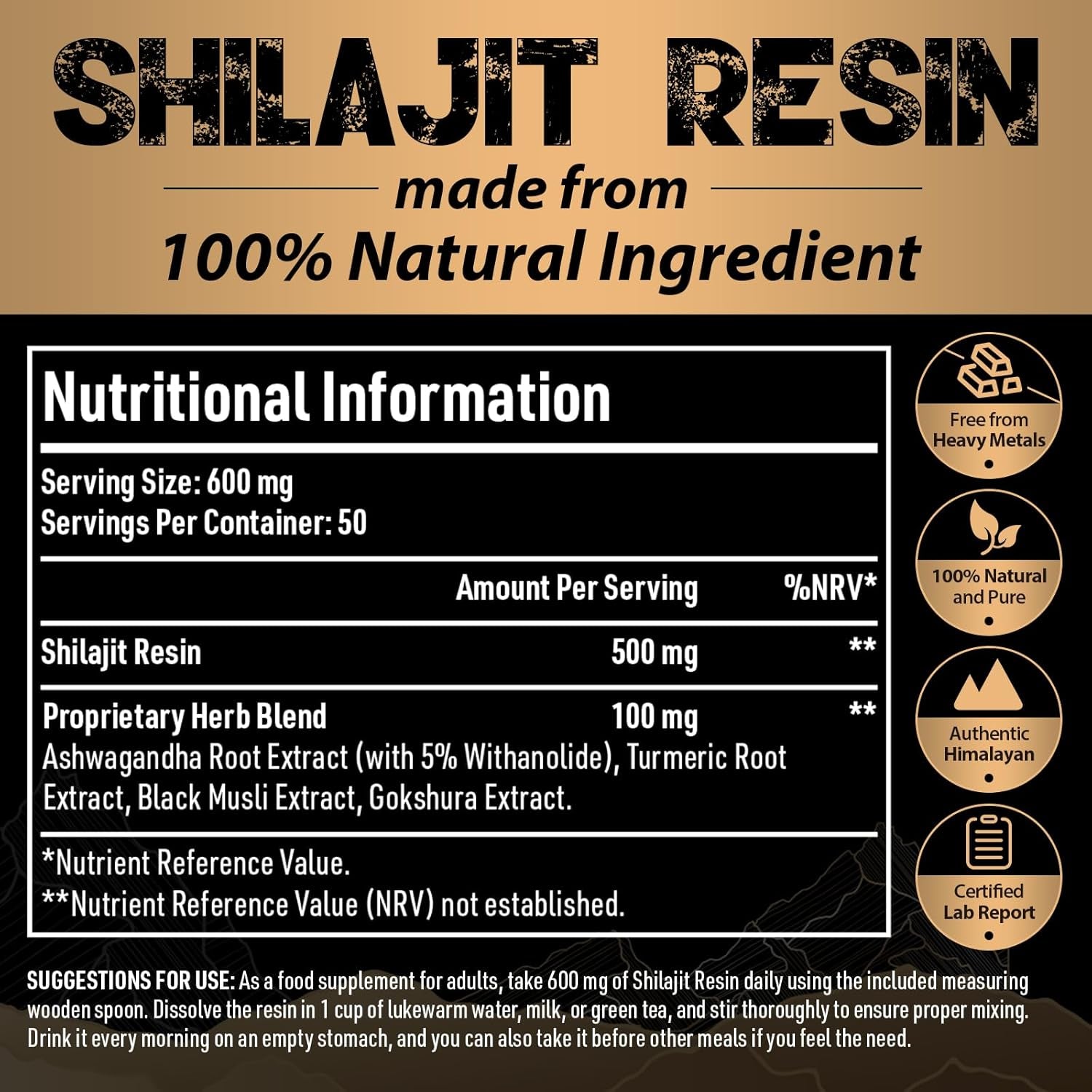 Shilajit Resin Gold Standard Shilajit - 600Mg Himalayan Shilajit Blend with Ayurvedic Herbal Extracts, High Levels of Fulvic Acid, Supports Energy and Performance, 30G (Pack of 1)