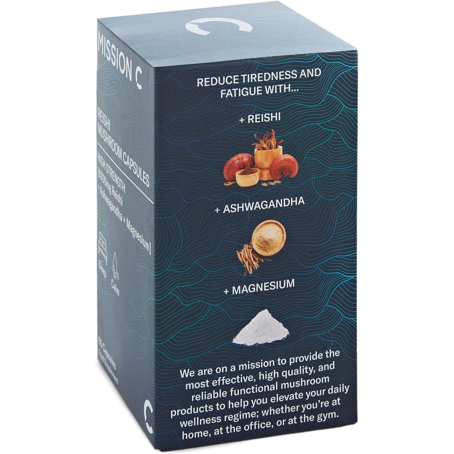 Reishi Mushroom Capsules 6000Mg with Added Magnesium and Ashwagandha | Nootropic Supplement for Sleep, Relaxation, Calm | 60 Two-A-Day Vegan Capsules - Mission C Reishi, Vegan