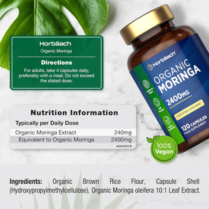 Organic Moringa Capsules 2400Mg | High Strength Moringa Oleifera Leaves | 120 Vegan Powder Capsules | Horbaach