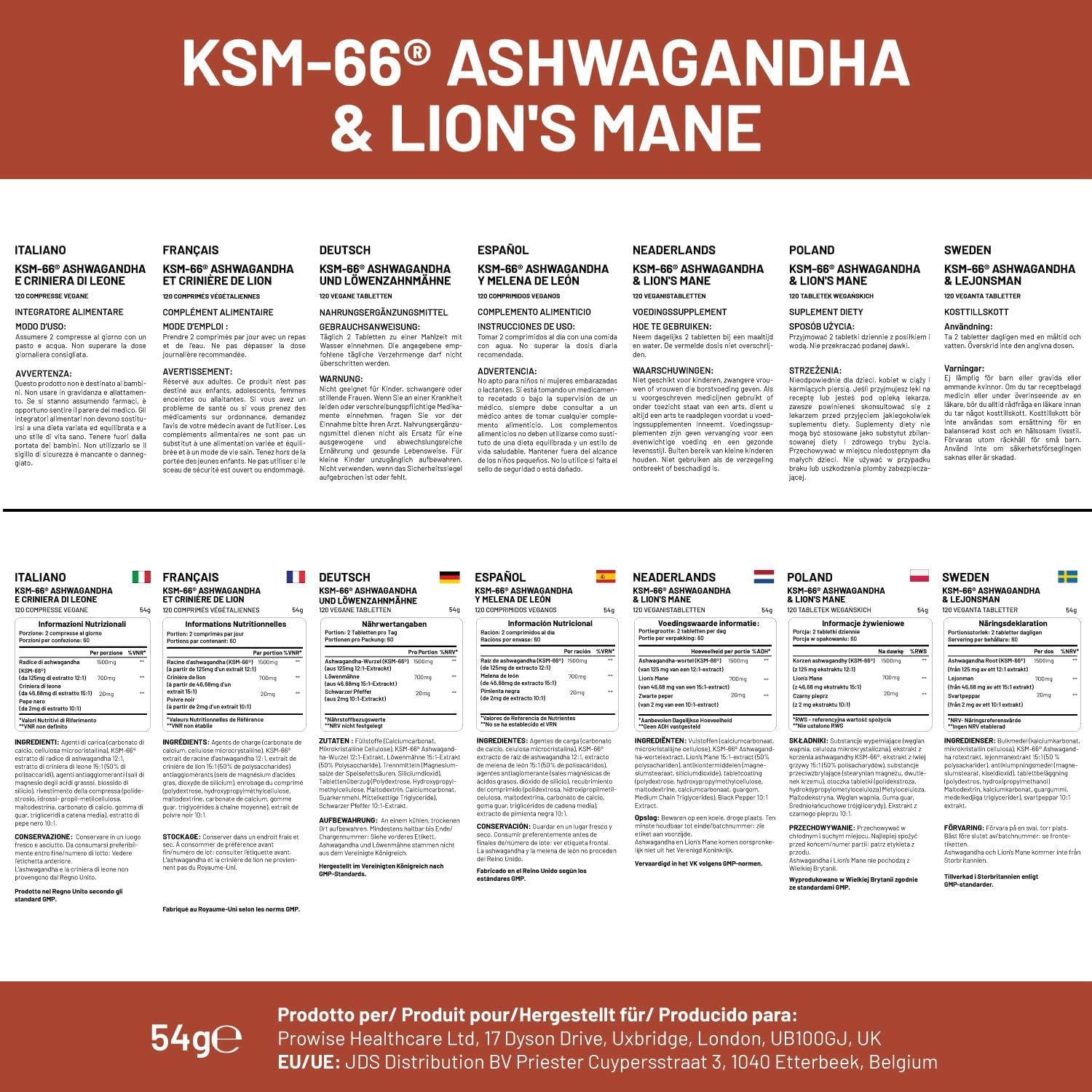 KSM-66 Ashwagandha and Lions Mane Tablets - High Strength 2200Mg | KSM-66 Ashwagandha Root Extract and Lions Mane Mushroom Extract - 120 Vegan Tablets with Black Pepper - UK Made by Prowise