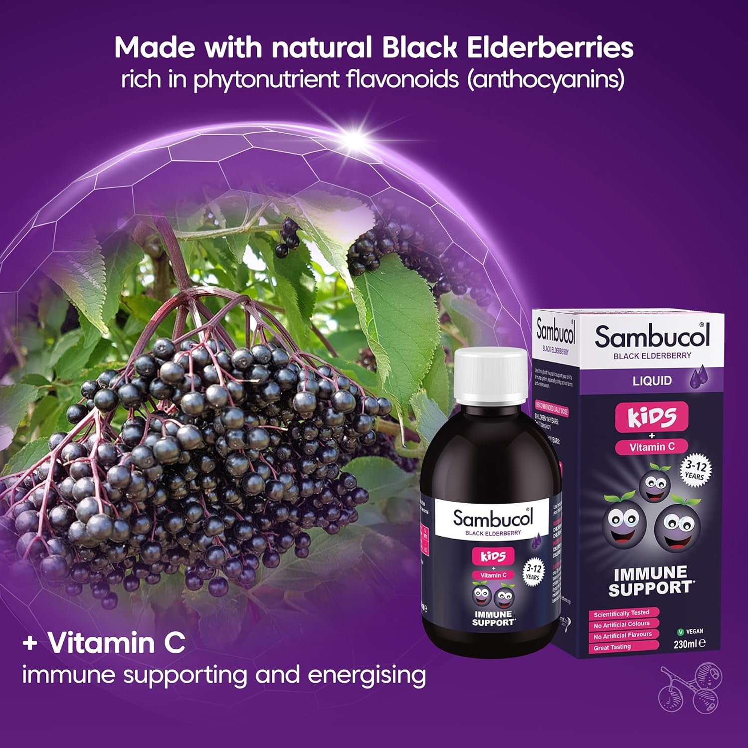 Sambucol Natural Black Elderberry Kids Liquid | Vitamin C | Immune Support Supplement | 230Ml