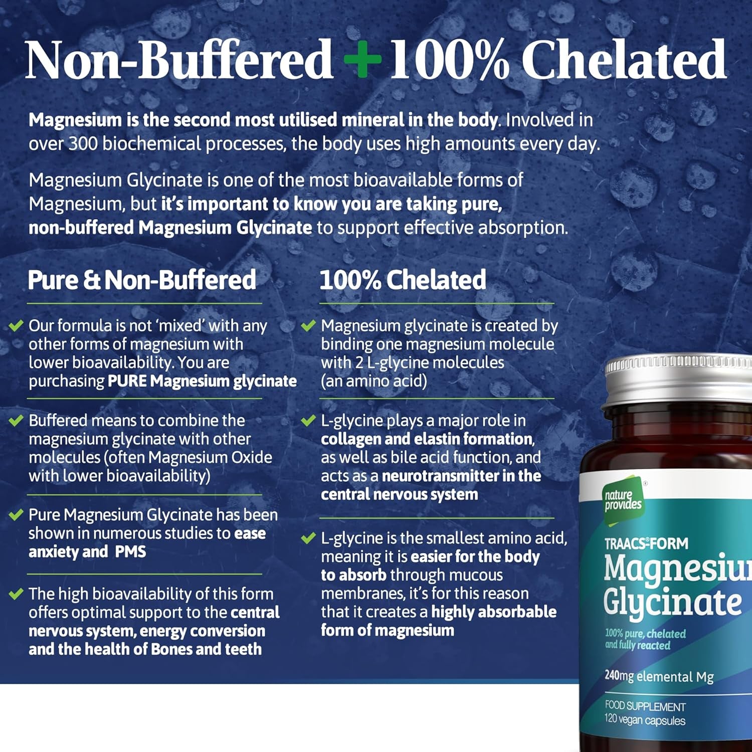 Magnesium Glycinate TRAACS (Bisglycinate) 240Mg - 120 Vegan Capsules, 100% Pure, No Fillers/Buffers, Chelated, Highly Bioavailable, Muscle & Sleep Support, Stress Relief, UK Made by Nature Provides