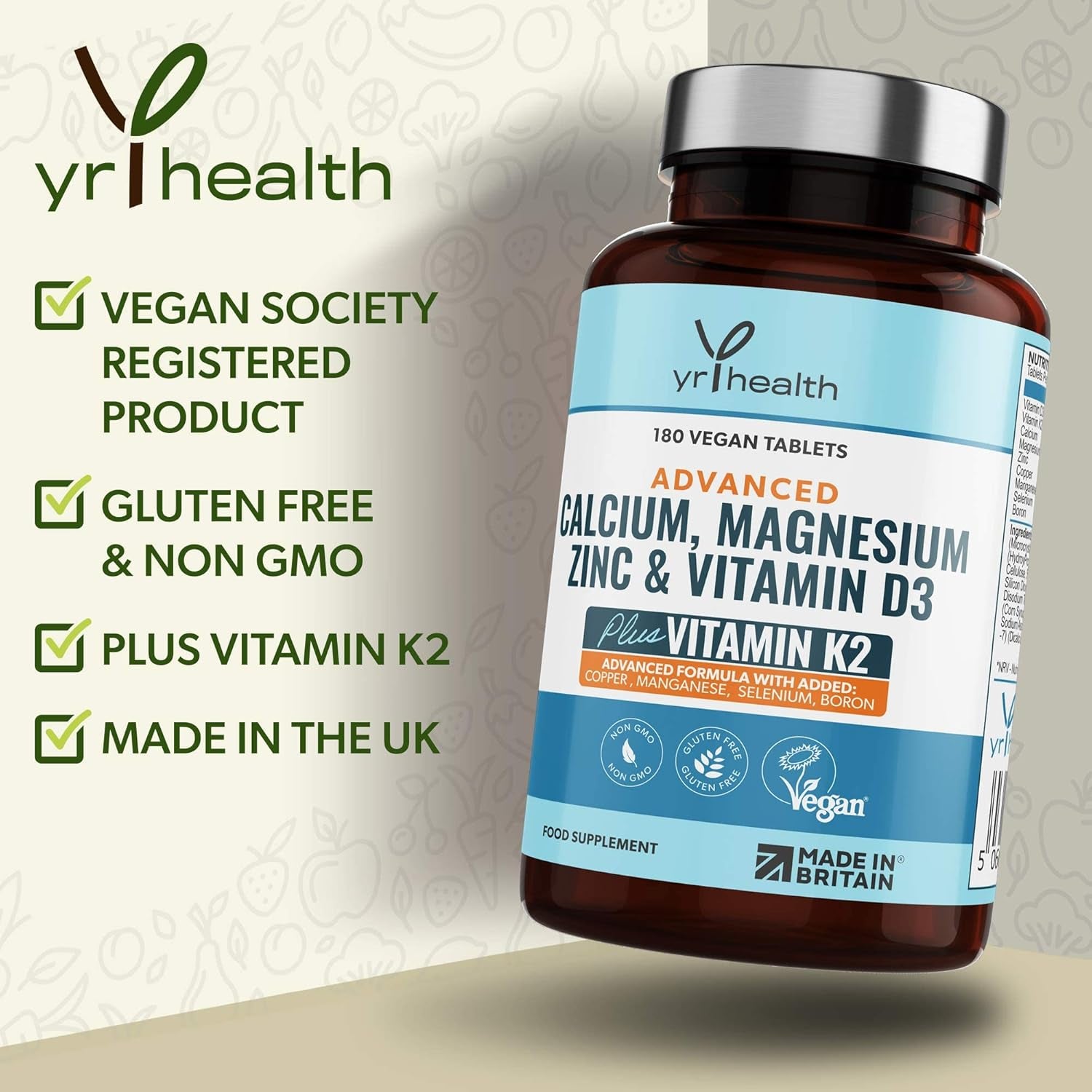 Calcium, Magnesium, Zinc and Vitamin D plus Vitamin K2 MK-7 Tablets - Osteo Supplement - 180 Vegan Tablets Not Capsules - Made in the UK by Yrhealth